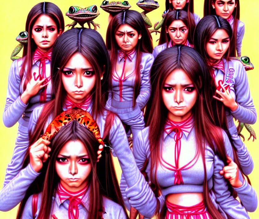 Image similar to richly detailed colored pencil 3D illustration of the female students of the Mexican telenovela called Rebelde who are resigned to their fate of being engulfed by an evil toad demon. surreal art by Range Murata and Artgerm.