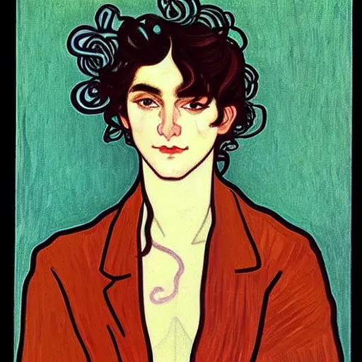 Prompt: painting of young handsome beautiful dark medium wavy hair man in his 2 0 s named shadow taehyung wearing a red rose hair crown at the cucumber soup party, elegant, clear, painting, stylized, delicate, soft facial features, art, art by alphonse mucha, vincent van gogh, egon schiele
