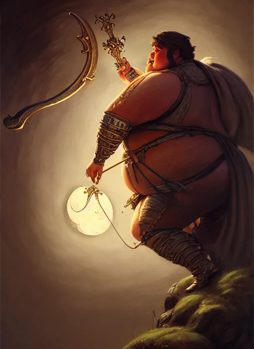 Prompt: fat male bard playing moon - lute, full body, hyper realistic, extremely detailed, dnd character art portrait, dark fantasy art, intricate fantasy painting, dramatic lighting, vivid colors, deviantart, artstation, by clyde caldwell and krenz cushart and artem demura and john williams waterhouse