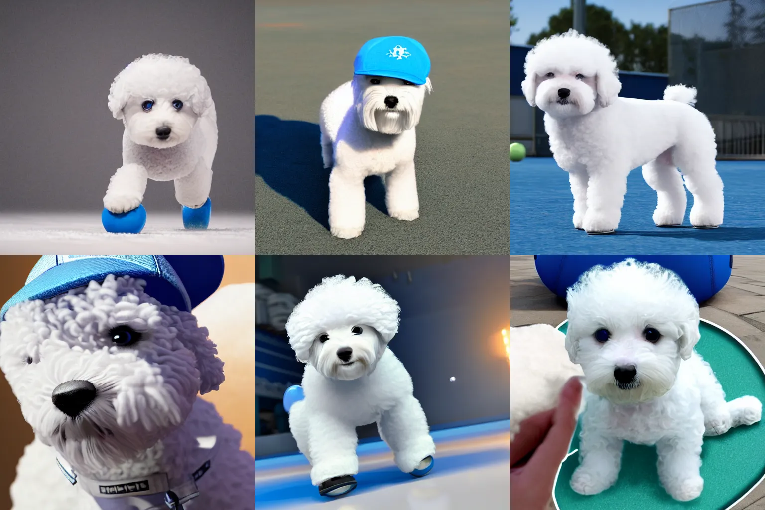 Prompt: a photorealistic picture of a white bichon puppy wearing a blue baseball cap while skating on ice Trending on Artstation, featured on Behance, well-rendered, Unreal Engine, 4K HD