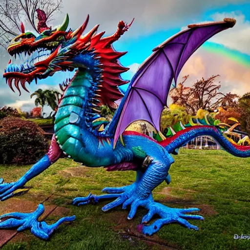 Image similar to rainbow dragon hyperblast art by ed binkley and bordalo ii and john chamberlain and craola, highly detailed