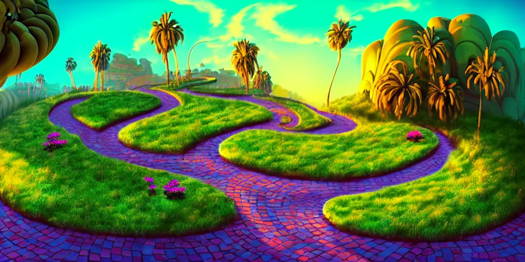 Prompt: low shutter, curled perspective digital art of spiral clouds cobblestone street with wildflowers to a casino in top of a hill with curly palmtrees by anton fadeev from nightmare before christmas