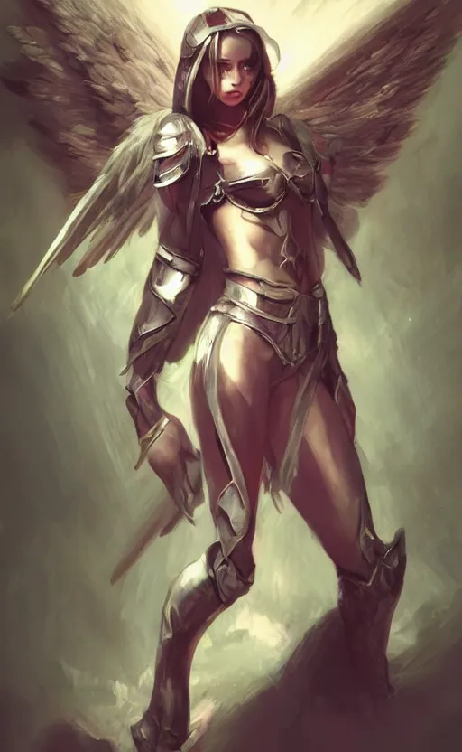 Image similar to Concept art, angel knight girl, artstation trending colaboration with Joseph Mallord William Turner, highly detailded