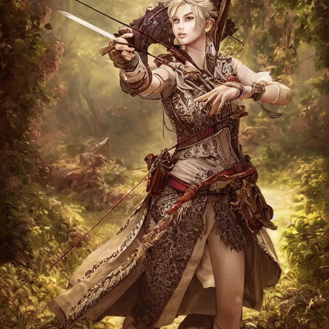 Image similar to the portrait of lawful neutral semi - colorful female archer huntress as absurdly beautiful, gorgeous, elegant, young woman, an ultrafine hyperdetailed illustration by kim jung gi, irakli nadar, intricate linework, bright colors, octopath traveler, final fantasy, unreal engine 5 highly rendered, global illumination, radiant light, detailed and intricate environment