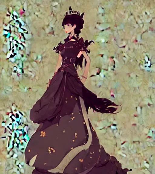 Image similar to portrait of a baroque dress design inspired by flower for fantasy world queen by atey ghailan, by greg rutkowski, by studio ghibli, by greg tocchini, by james gilleard, by joe fenton, by kaethe butcher, dynamic lighting, grunge aesthetic