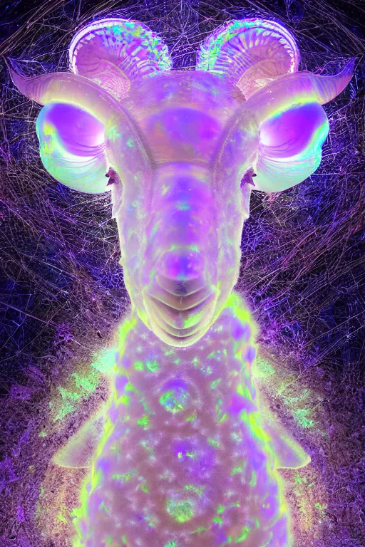 Image similar to a crystalline 3 d mandelbulb fractal in the shape of a lamb, bioluminescent opal, fractal, magnificent lighting, ethereal, ray tracing, octane, holographic, portrait