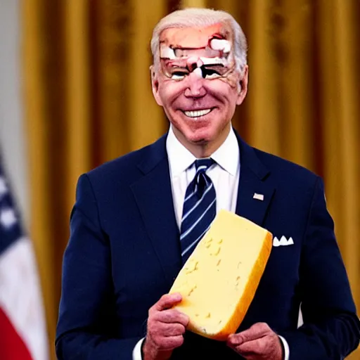 Prompt: Joe Biden proudly holding a prize winning piece of cheese