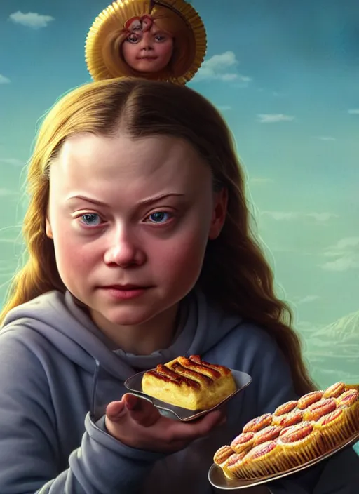 Image similar to highly detailed closeup portrait of greta thunberg eating cakes, stephen bliss, unreal engine, greg rutkowski, ilya kuvshinov, ross draws, tom bagshaw, tom whalen, alphonse mucha, nicoletta ceccoli, mark ryden, earl norem, global illumination, god rays, detailed and intricate environment