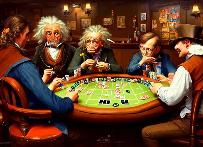 Image similar to playing poker in a saloon, Isaac Newton and Stephen Hawking and Albert Einstein, by Mandy Jurgens, trending on artstation, Richard Schmid and norman rockwell