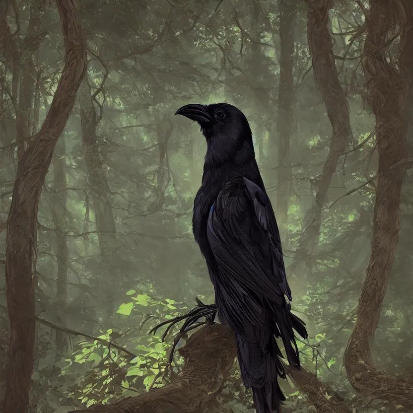 Image similar to beautiful dominant black raven bird, intricate, forest, exquisite asanoha pattern background, highly detailed, digital painting, trending on artstation, concept art, smooth, sharp focus, backlit, rim light, vivid colors, illustration, unreal engine 5, 8 k, art by rossdraws and alphonse mucha