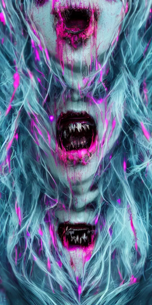 Image similar to impossibly beautiful vampire with large vampire fangs, intricate complexity, horror, psychedelic glitch art, rainbow drip paint, trending on art station, photoreal, 8k, octane render