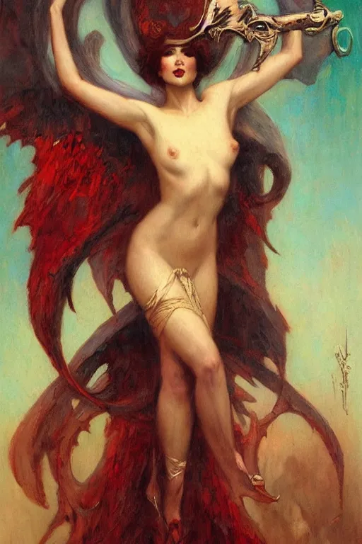 Image similar to Devil by Gaston Bussière in the style of Tom Bagshaw, art nouveau