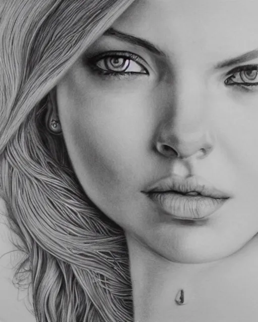 Image similar to pencil drawing of a beautiful greek goddess aphrodite with arrowhead earrings, beautiful piercing eyes, beautiful blonde hair, hyper realistic face, in the style of greg rutkowski, fantasy, amazing detail, epic, elegant, smooth, sharp focus, from the front