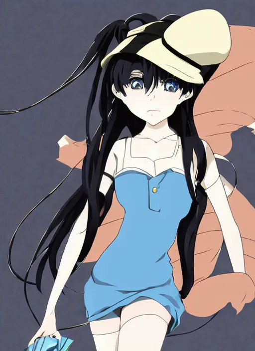 Prompt: key anime visual of a beautiful girl wearing a beige beret and blue shirt; long black hair; in the artstyle of Persona, Persona video game art