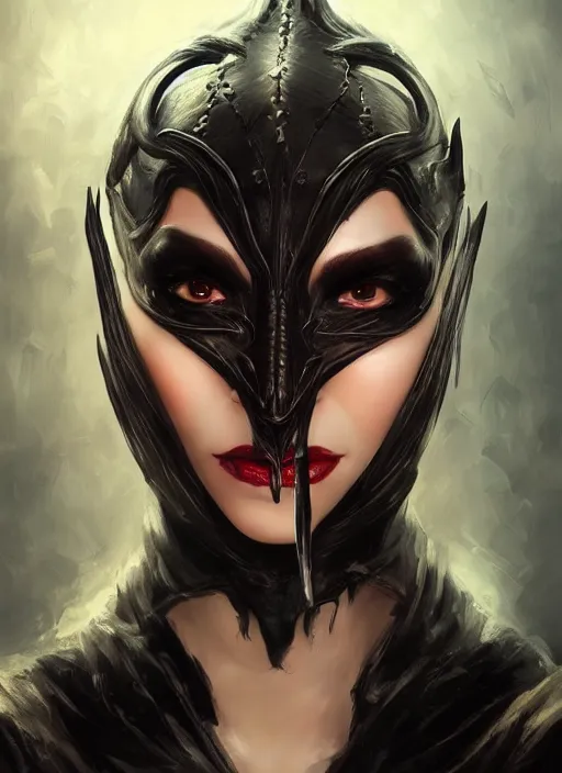 Prompt: cool and bored looking demon lady with small horns in black leather mask, artistic portrait, beautiful eyes and nose and lips, art by artgerm and greg rutkowski and magali villeneuve, highly detailed, digital painting, trending on artstation, concept art, sharp focus, illustration