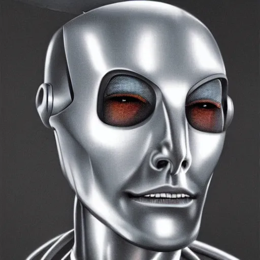 Image similar to a cyborg robot designed by tesla, hyper realistic, detailed portrait,