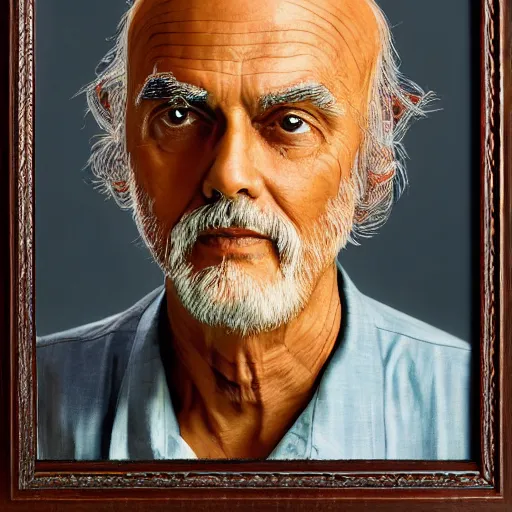 Prompt: portrait of ram dass by Alex Grey and Tokio Aoyama and Pablo Amaringo framed in a very Intricate hand carved wooden picture frame, cinematic lighting, 4k, hyperrealistic, extreme detail