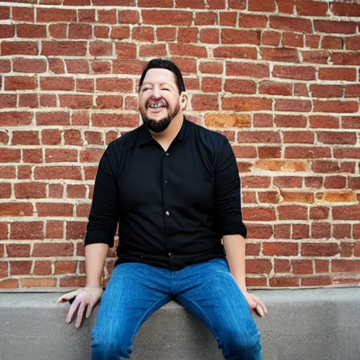 Prompt: sal vulcano with a black shirt on sitting in front of a brick wall
