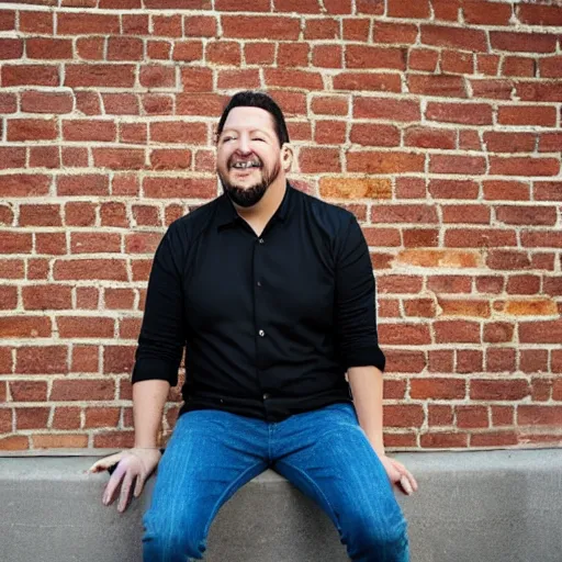 Image similar to sal vulcano with a black shirt on sitting in front of a brick wall