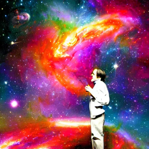 Prompt: an epic award - winning photo of carl sagan getting high on the show cosmos, galaxies, nebulae, hubble, james webb space telescope, digital painting bioluminance / n 4
