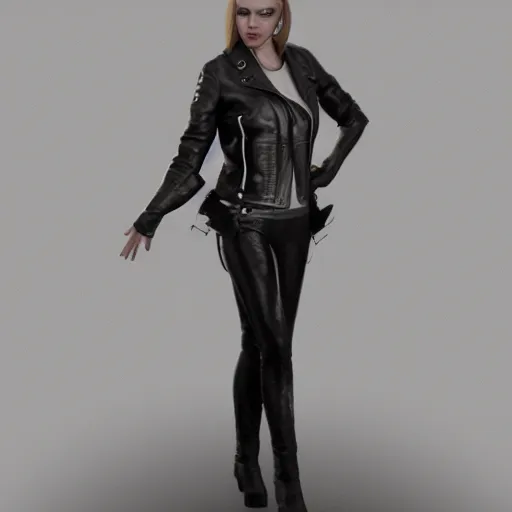 Image similar to a woman in a leather jacket posing for a picture, concept art by senior character artist, cgsociety, shock art, androgynous, daz3d, full body