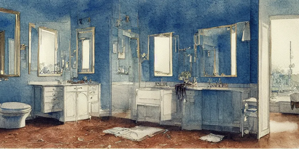 Prompt: a hiper intricate watercolor of a beatiful modern bathroom with mirror, extremely detailed, sharp focus, wide view, smooth, digital illustration, colorfull, by william turner art, by greg rutowski, by carl larson, by edmund dulac