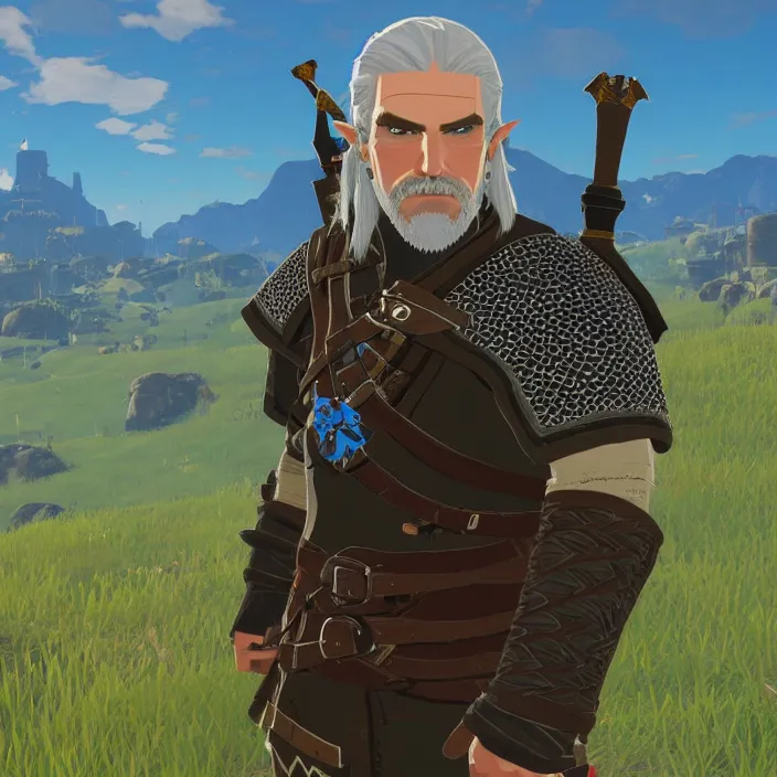 Image similar to Geralt of Rivia in The Legend of Zelda Breath of the Wild, detailed screenshot