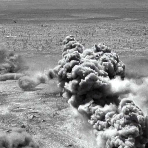 Prompt: combat drone strike war footage, black and white with green tint, very high contrast, nuclear cloud, high angle vertical, dirty, grainy, bad drone camera