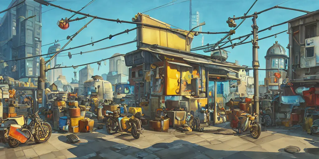 Prompt: overwatch building, stylized, exterior, architecture, in watercolor gouache detailed paintings, insanely detail, artstation, 8 k, futuristic, big medium small, arcane, simon stalenhag, food stall, interesting shapes & form, golden ratio, hard surface, props, lots of decoration and furniture, slums, street, wes anderson