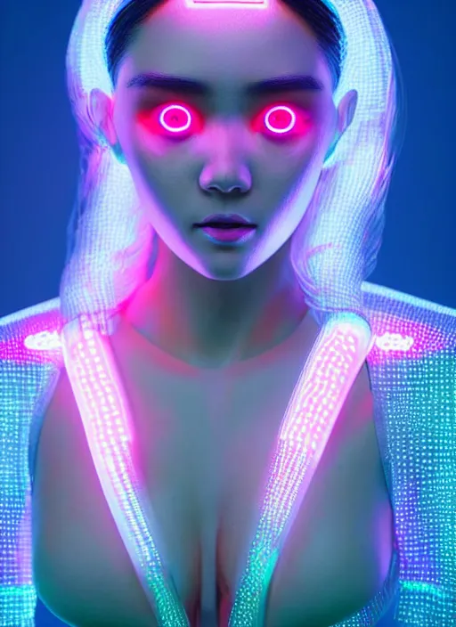 Image similar to female japan humanoid with freckled cheeks, cyber neon lighting, retro futurism, intricate futuristic led lit jewelry, retro futuristic glossy white latex swimwear, profile posing, hyper photorealistic, crispy quality, digital photography, trending in artstation, trending in pinterest, cinematic, 4 k ultra hd, art by pascal blanche, art by greg rutkowski,