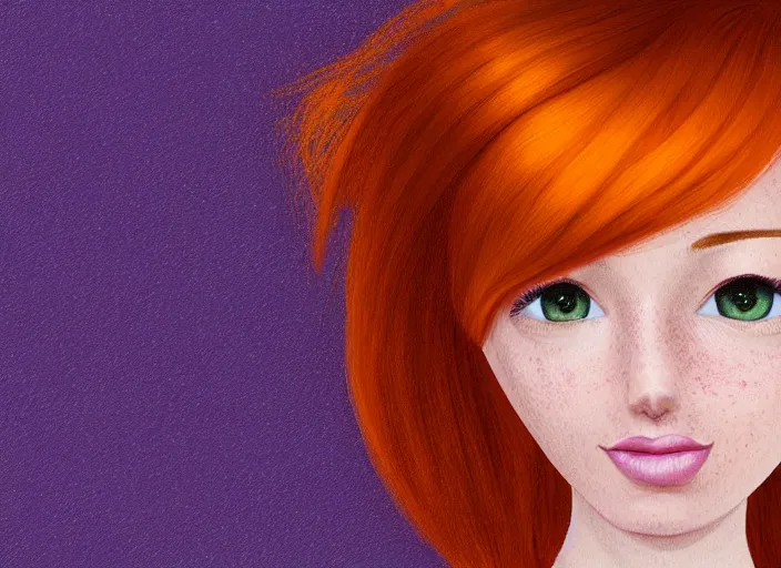 Image similar to portrait Girl with orange hair and freckles, purple background, cute-fine-face, pretty face, fine details. realistic shaded lighting by disney style,