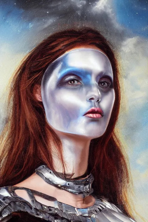 Image similar to hyperrealism oil painting, close - up portrait of european medieval brunette vampire fashion model, knight, steel gradient mixed with nebula sky, in style of baroque