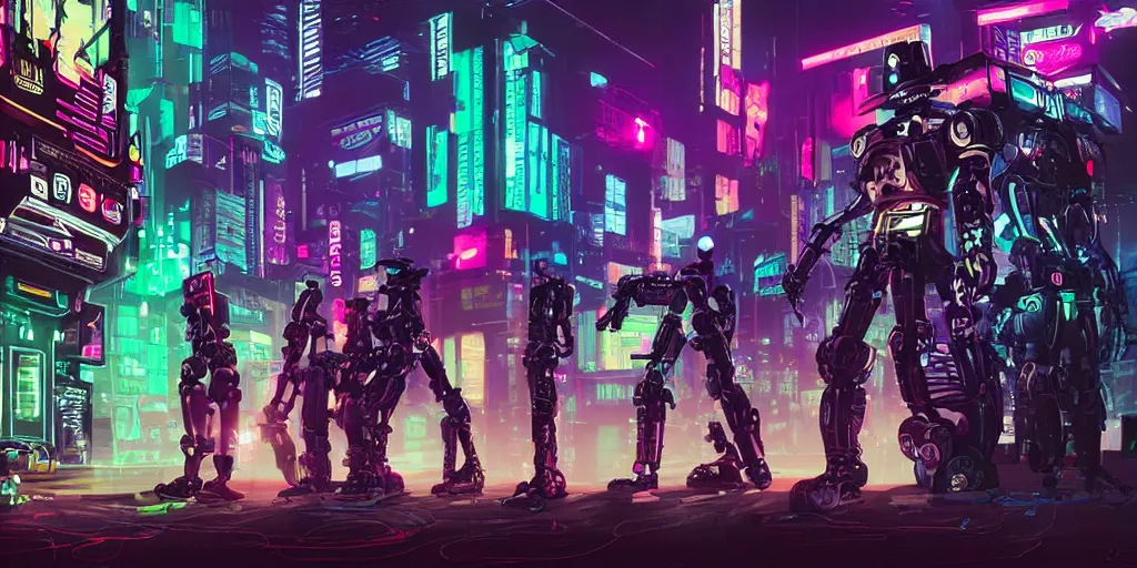 Image similar to robots battle royale cyberpunk blade runner neon night