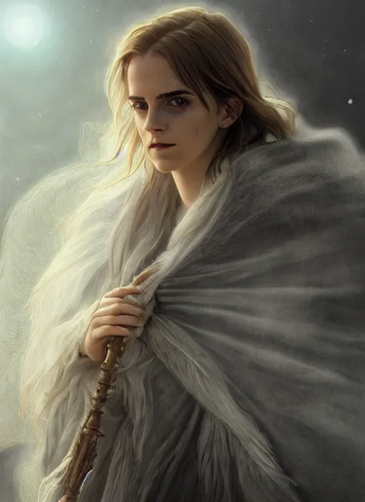 Image similar to Portrait of Emma Watson, white glowing eyes, silver shaggy hair, cloak, ethereal wings, male, fantasy, extremely detailed, digital painting, artstation, concept art, smooth, sharp focus, illustration, stunning lighting, art by artgerm and greg rutkowski and alphonse mucha and simon stalenhag, realistic character concept, high fantasy, light atmosphere, golden ratio, cinematic lighting, hyperdetailed, high resolution, insanely detailed and intricate, artstation, Marc Simonetti, Greg Rutkowski, 8k