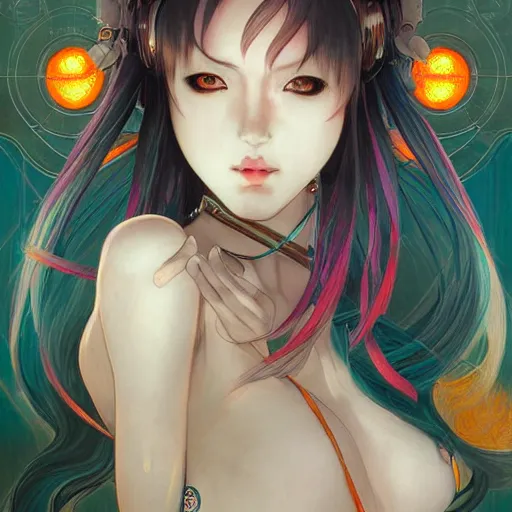 Image similar to emo japanesque electric girl gumi anime style, hyper detailed, illustration, digital painting, art by artgerm and greg rutkowski and alphonse mucha, high delicate defined details, anime stylized, highly detailed, realistic, sharp focus, styled by rhads