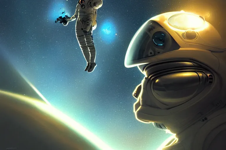 Image similar to portrait of a futuristic bulldog astronaut reflective visor mirror spacesuit reflecting a nebula supernova in space, portrait, intricate, digital painting, artstation, concept art, smooth, sharp focus, illustration, cinematic lighting, art by artgerm and greg rutkowski and alphonse mucha