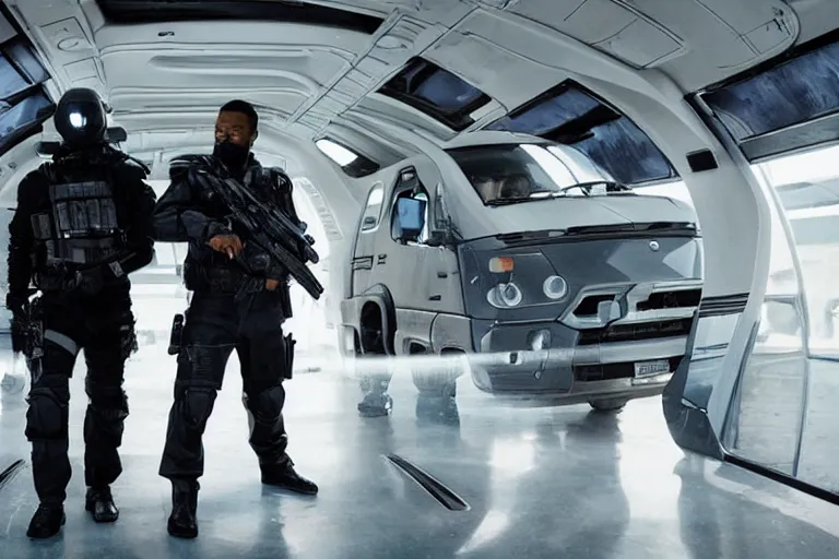 Image similar to movie diverse interracial team of Japanese sci-fi futuristic robbers armed with rifles interior clean futuristic tactical van, beautiful skin, Symmetrical faces. natural lighting by Emmanuel Lubezki