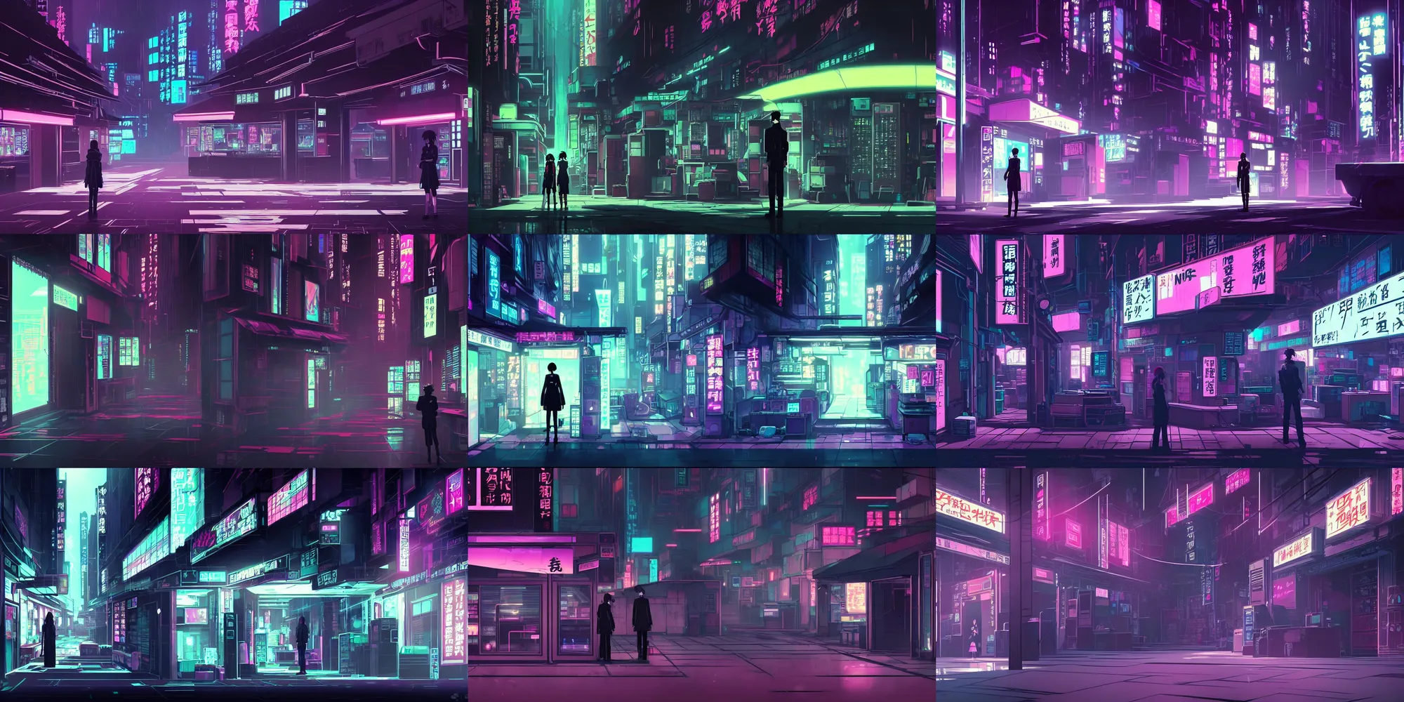 Prompt: a neon noir cyberpunk background art in a quiet quiet quiet shop in the cyberpunk anime film, Shichiro Kobayashi, screenshot in the anime series ergo proxy by makoto shinkai, hazy and dreary