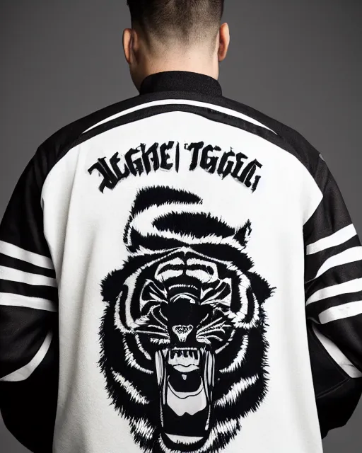 Image similar to photo back of a man wearing baseball jacket with a big tiger embrodery, irezumi, dark hangar background, centered, studio lighting, 1 5 0 mm