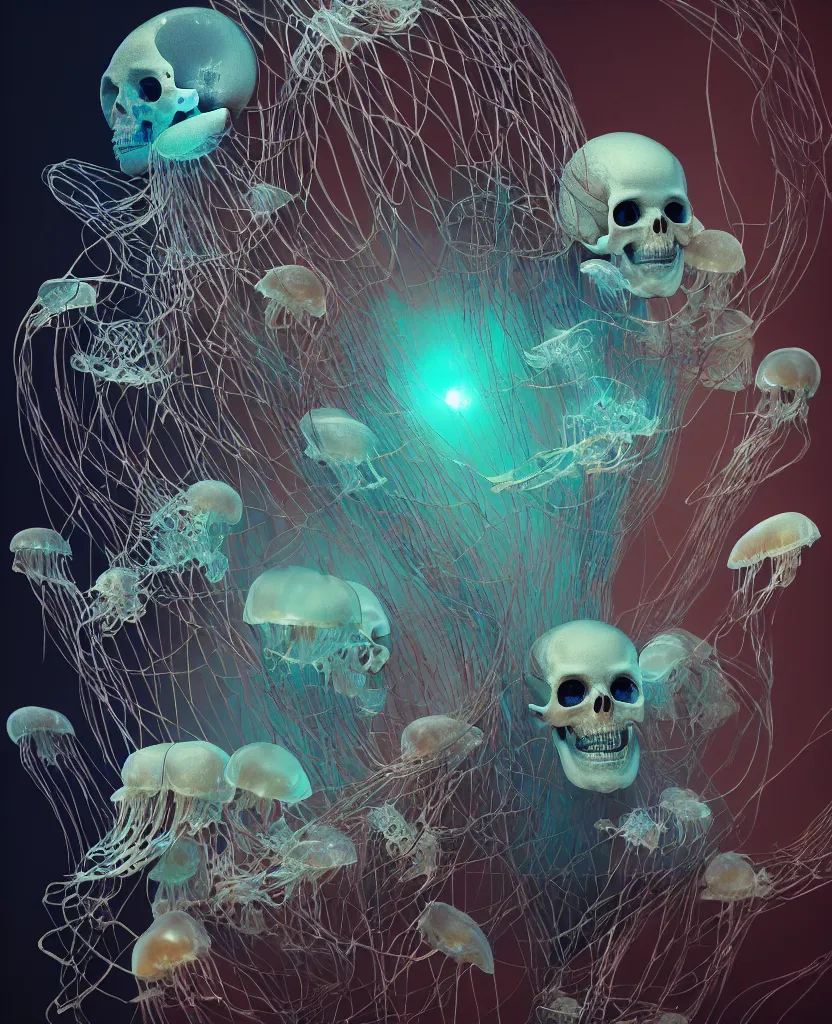 Image similar to composition of human skulls, animals skulls, bones, rib-cage. jellyfish orchids and betta fish, bioluminiscent, intricate artwork by Tooth Wu and wlop and beeple. octane render, trending on artstation, greg rutkowski very coherent symmetrical artwork. cinematic, hyper realism, high detail, octane render, 8k