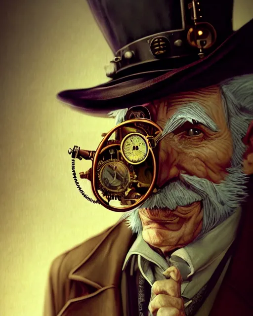 Prompt: steampunk old man portrait, handsome, steampunk hat, detective coat, steampunk monocle, smoking pipe, hyper realistic 3 d render by ilya kuvshinov, peter mohrbacher, greg rutkowski, ryohei hase, dramatic lighting, intricate, highly detailed, sharp focus, luminous, unreal engine, blender, deviant art, masterpiece, ray tracing