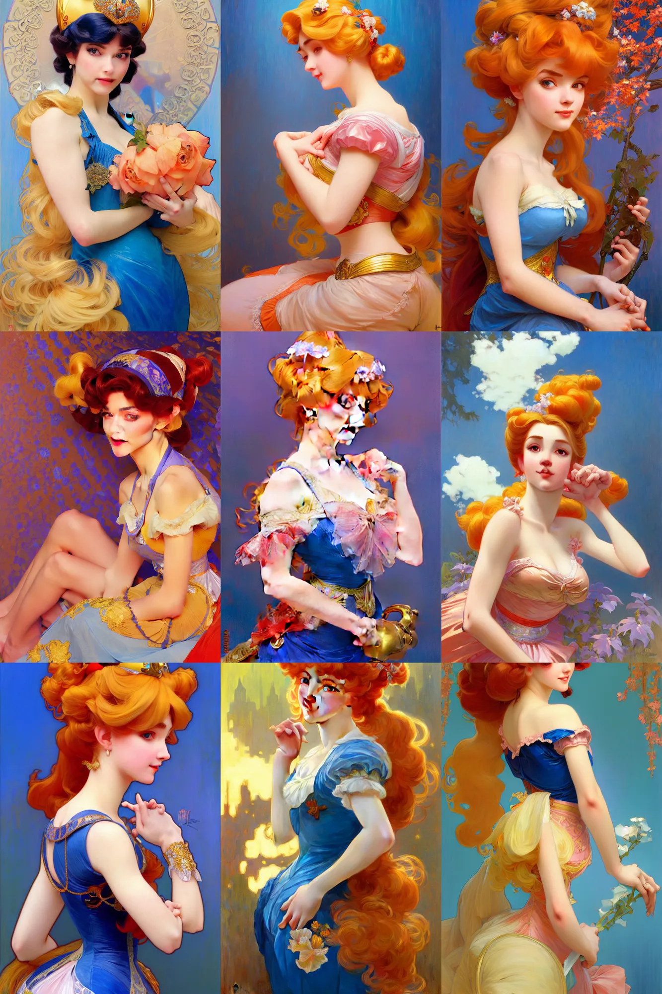 Prompt: princess peach, highly detailed painting by ilya kuvshinov, alphonse mucha, gaston bussiere, craig mullins, j. c. leyendecker 8 k, blue background