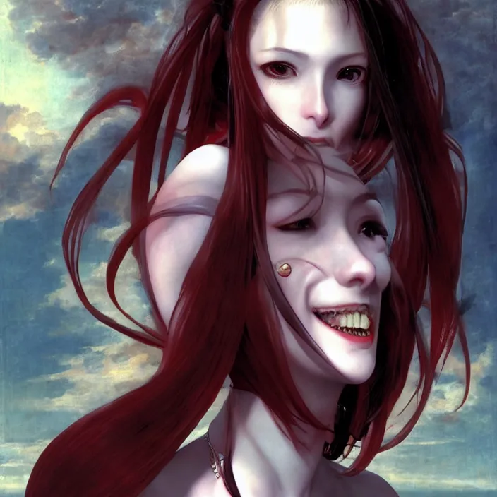 Image similar to renaissance portrait of the secretive vampire girl loner smiling at her next victim, by katsuhiro otomo, yoshitaka amano, nico tanigawa, and artgerm rendered with 3 d effect.