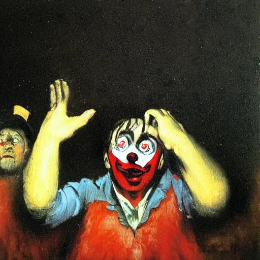 Image similar to an oil painting of a clown watching soccer on tv, goya, dark,