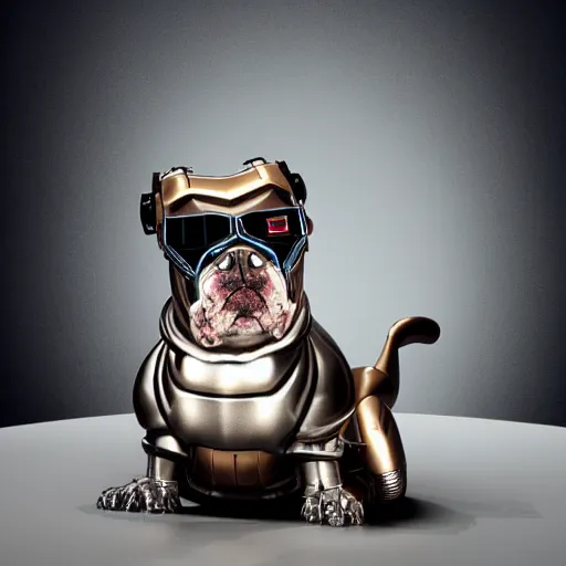 Prompt: « a cartoon cyborg bulldog sitting down, cyberpunk art by grillo demo, cgsociety, 2 d art, future tech, made of liquid metal, sketchfab »