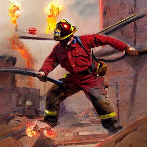 Prompt: fireman man strikes again, concept art by James Gurney.