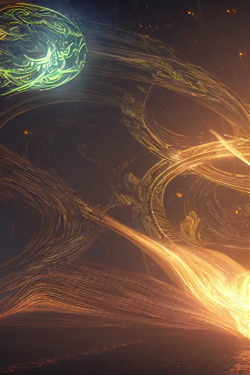 Prompt: swirling elven light streaks and ornate flowing light streams and smooth particle effects, fume fx, unreal engine