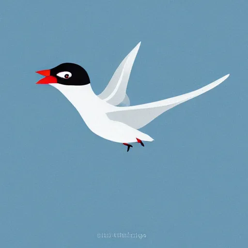 Prompt: A flying arctic tern holding french fries at the pier, blue background setting, illustration, storybook, Artstation