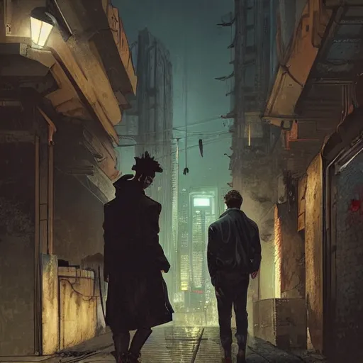 Image similar to 2 1 savage handing the viewer an envelope, detailed digital illustration by greg rutkowski, cyberpunk back alley, nighttime