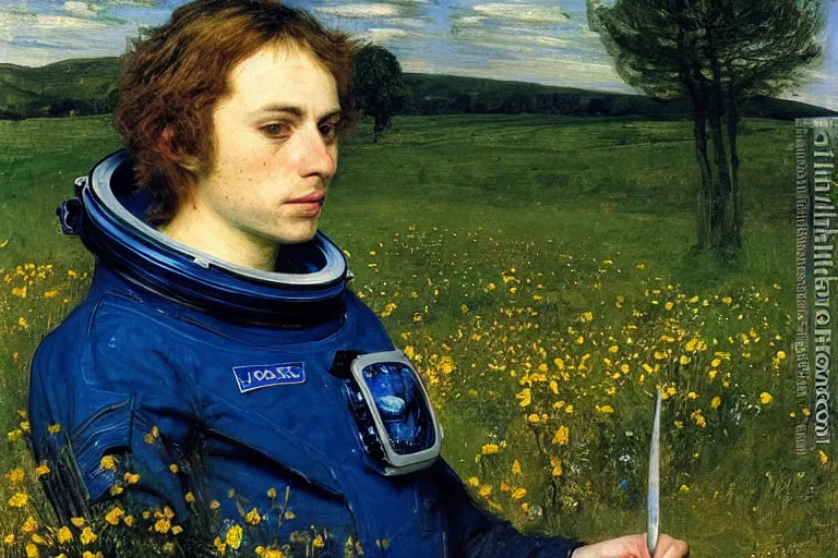 Prompt: sad portrait of an astronaut in a meadow by sir john everett millais, photorealistic, hyperdetailed, ethereal, masterpiece, oil painting